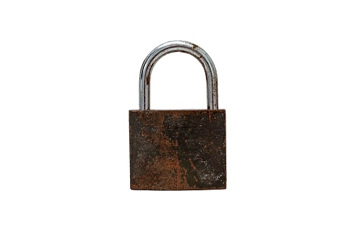 A vintage padlock on a white background, ideal for securing and protecting any electronic or digital information or data
