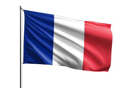 France flag waving isolated on white background with clipping path. flag frame with empty space for your text.