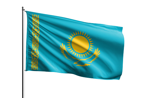 Kazakhstan flag waving isolated on white background with clipping path. flag frame with empty space for your text.