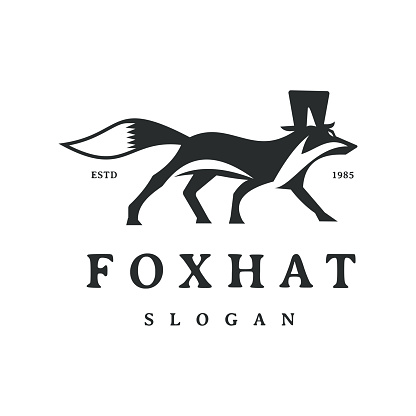 Inspirational Silhouette of a Fox Walking with a Hat in a Simple, Black, Retro Vintage Style Design