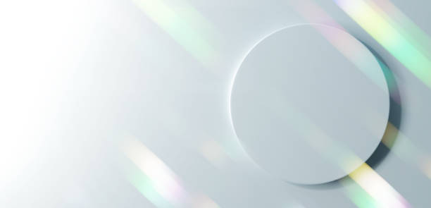 3D Illustration.Silver background and base. Shining colorful light. Overhead view. (Horizontal)