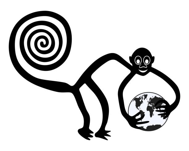 обезьяна с землей в руках - парафраз знаменитого геоглифа обезьяны из наски - map cartography peru nazca stock illustrations