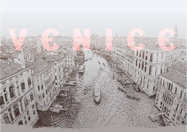 Vector illustration of Venice from the sky with Text. Italy