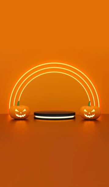 istock Empty halloween with podium platform cylinders with light neon and pumpkins halloween for product display in orange background. 1660695802