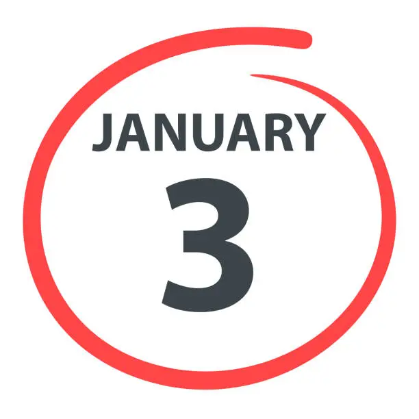 Vector illustration of January 3 - Date circled in red on white background
