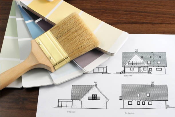 istock Color Swatch for home improvement blueprints and paintbrush 166070435