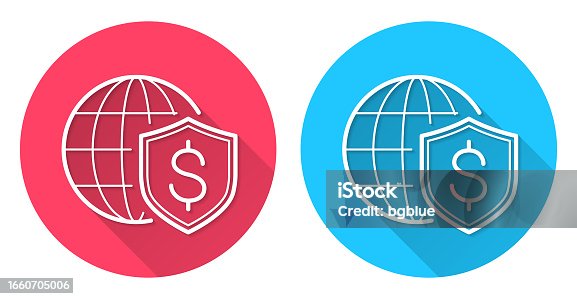 istock Dollar shield with globe. Round icon with long shadow on red or blue background 1660705006