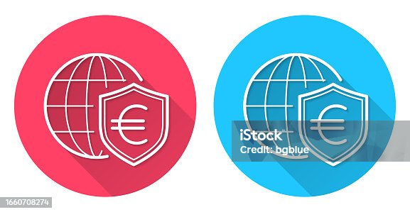 istock Euro shield with globe. Round icon with long shadow on red or blue background 1660708274