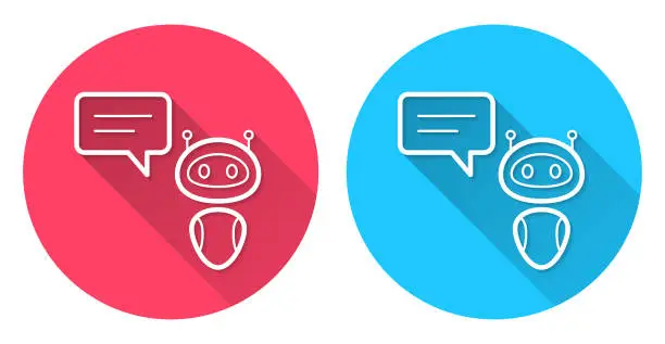 Vector illustration of Chatbot with speech bubble. Round icon with long shadow on red or blue background