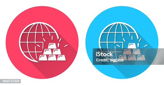 istock Gold bars with globe. Round icon with long shadow on red or blue background 1660722350