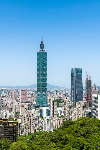 Taipei, Taiwan- September 22, 2022: Panoramic view of Taipei 101 Skyscraper and Taipei Nan Shan Plaza building in Taiwan.