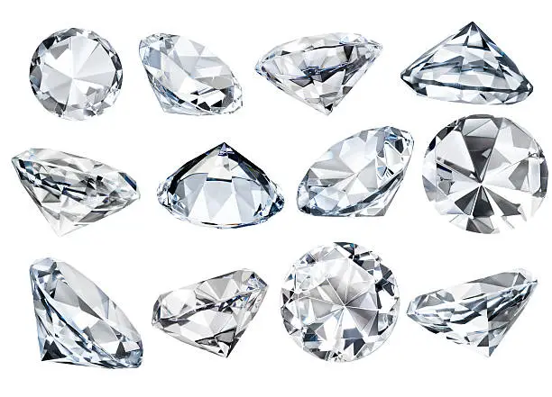 Twelve isolated glass faceted "diamonds" of  various angles over white - with precise clipping paths. The image is a composition of multiple shots composed and carefully retouched in Photoshop. Canon 5D MarkII.