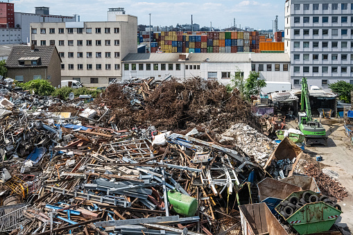 view on huge stack of metal waste at junk yard in Mannheim, Germany