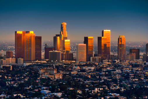 Los Angeles skyline at sunset thru smog and atmosperic distortion