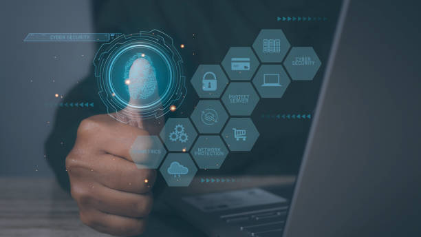 istock Businessman using laptop access scan fingerprint biometric identity and approval 1660768475