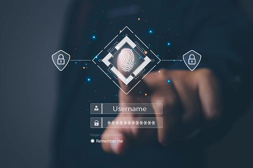 Businessman access scan fingerprint personal identity and authorization. Secure access granted by valid fingerprint scan, cyber security on internet. cybernetic business concept.