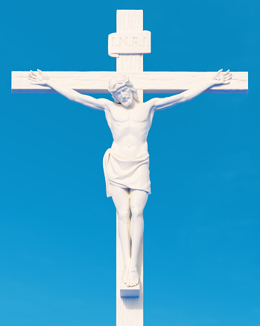Christ cross crucifix statue white stone blue sky sculpture religion 3d illustration render digital rendering