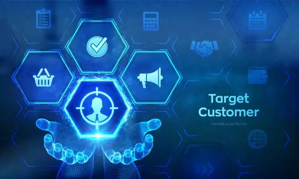 Vector illustration of Target customer icon in wireframe hands. Buyer persona, customer behavior concept on virtual screen. Marketing plan. Personalization marketing, customer centric strategies. Vector illustration.