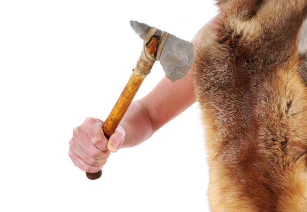 Cavemen with Fox Fur Coat and Stone Age Axe on white Background - Prehistoric Stone Tool