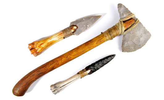 Stone Age Tools on white Background - Stone Age Axe, Knives and Arrows - Prehistoric Stone Tools