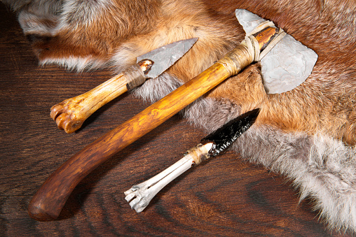 Stone Age Tools on wooden Background - Prehistoric Stone Tools