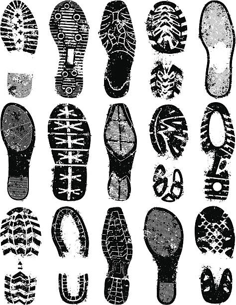 Grungy Footprints Footprints with a grungy texture. Zoom in to see the grunge detail properly. running shoes white background stock illustrations