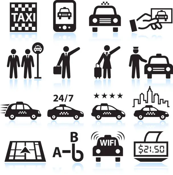 Vector illustration of Business man travelling Taxi black & white vector icon set