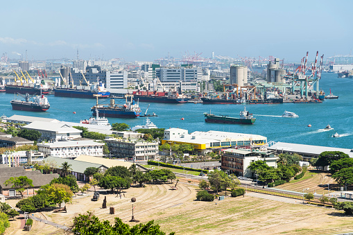 Kaohsiung, Taiwan- May 5, 2023: Overlooking the port of Kaohsiung and Hamasen Railway Cultural Park in Kaohsiung, Taiwan.