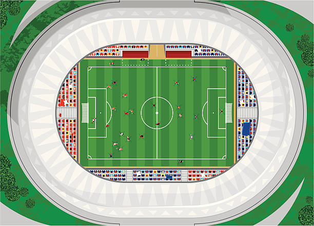 Soccer Game Aerial view of a modern football stadium with a game in progress. high angle view illustrations stock illustrations