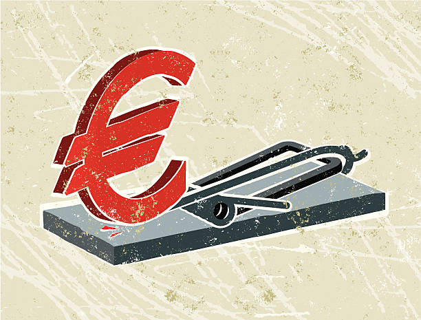 Euro Symbol and mousetrap Euro Money worries! A stylized vector cartoon of a mousetrap and a Euro Symbol suggesting temptation, trap, risk, entrapment, debt, banking, loan, finance, challenge or the european Financial Crisis . Euro, trap, paper texture and background are on different layers for easy editing. Please note: clipping paths have been used,  an eps version is included without the path. entrapment stock illustrations