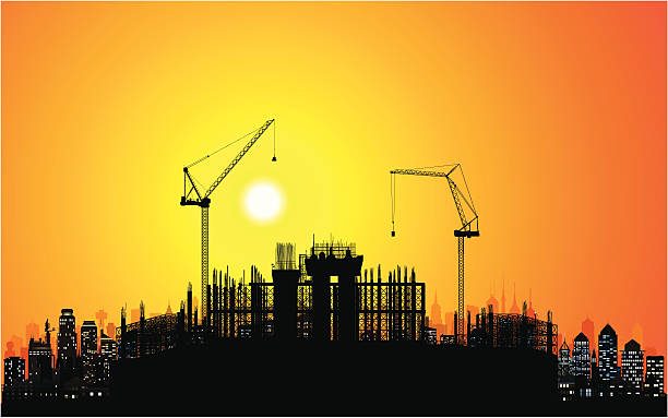 ilustrações, clipart, desenhos animados e ícones de construção site - silhouette crane construction construction site