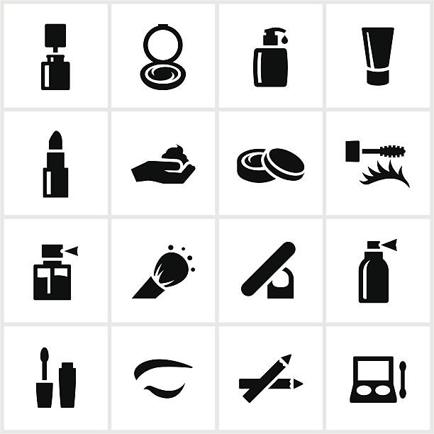 Black Cosmetics Icons Cosmetic icons. All white strokes/shapes are cut from the icons and merged allowing the background to show through. compact mirror stock illustrations