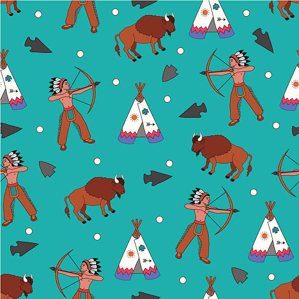 Native American seamless pattern A vector seamless tiling pattern with a native American theme with men, tents, buffalos and arrowheads. buffalo shooting stock illustrations