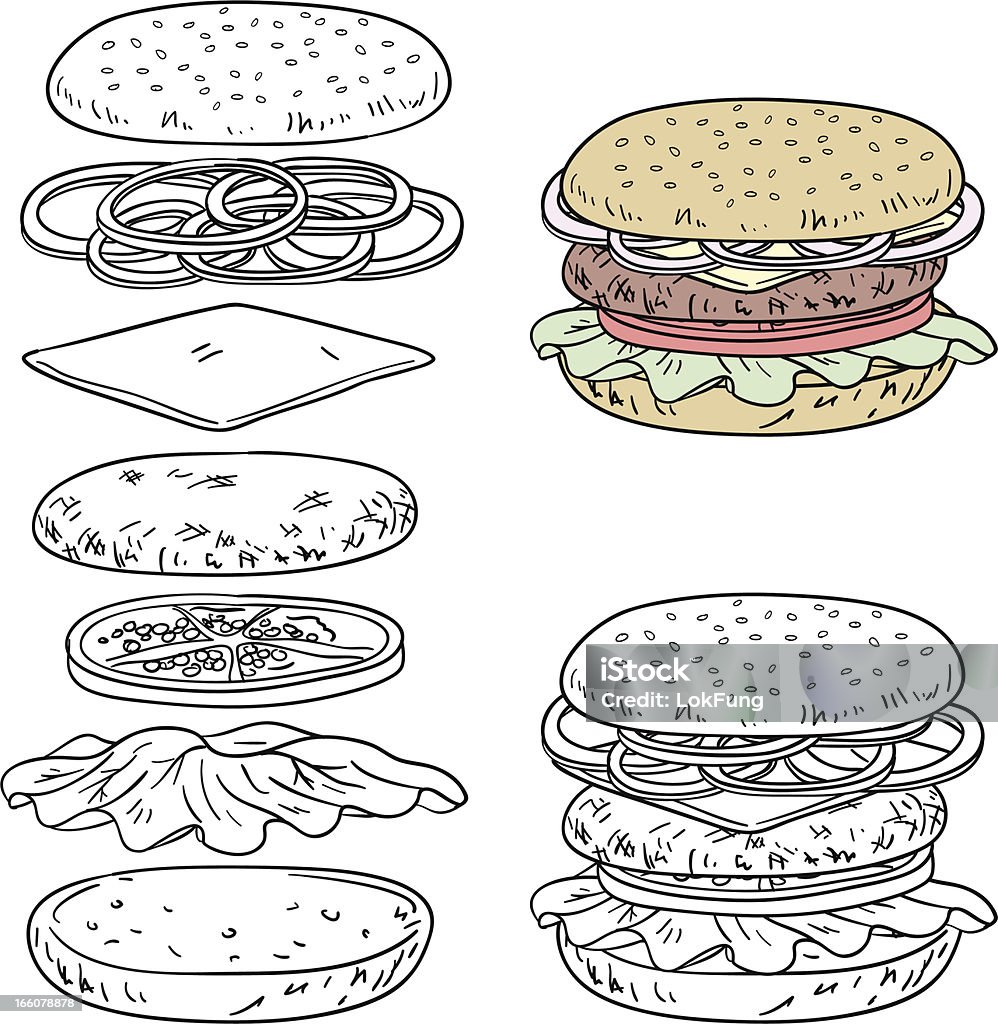 Hamburger di manzo ingredienti in linea arte stile - arte vettoriale royalty-free di Ingrediente