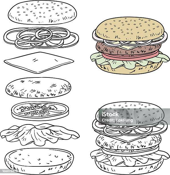 Hamburger Di Manzo Ingredienti In Linea Arte Stile - Immagini vettoriali stock e altre immagini di Ingrediente - Ingrediente, Schizzo, Scarabocchio - Disegno
