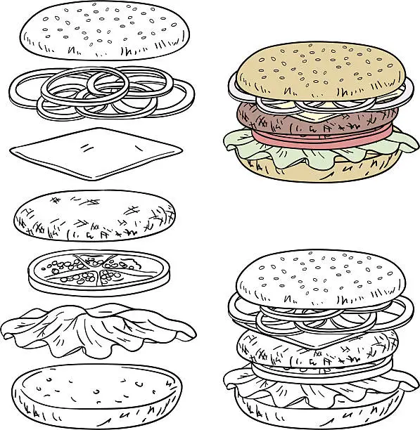 Vector illustration of Hamburger ingredients in line art style