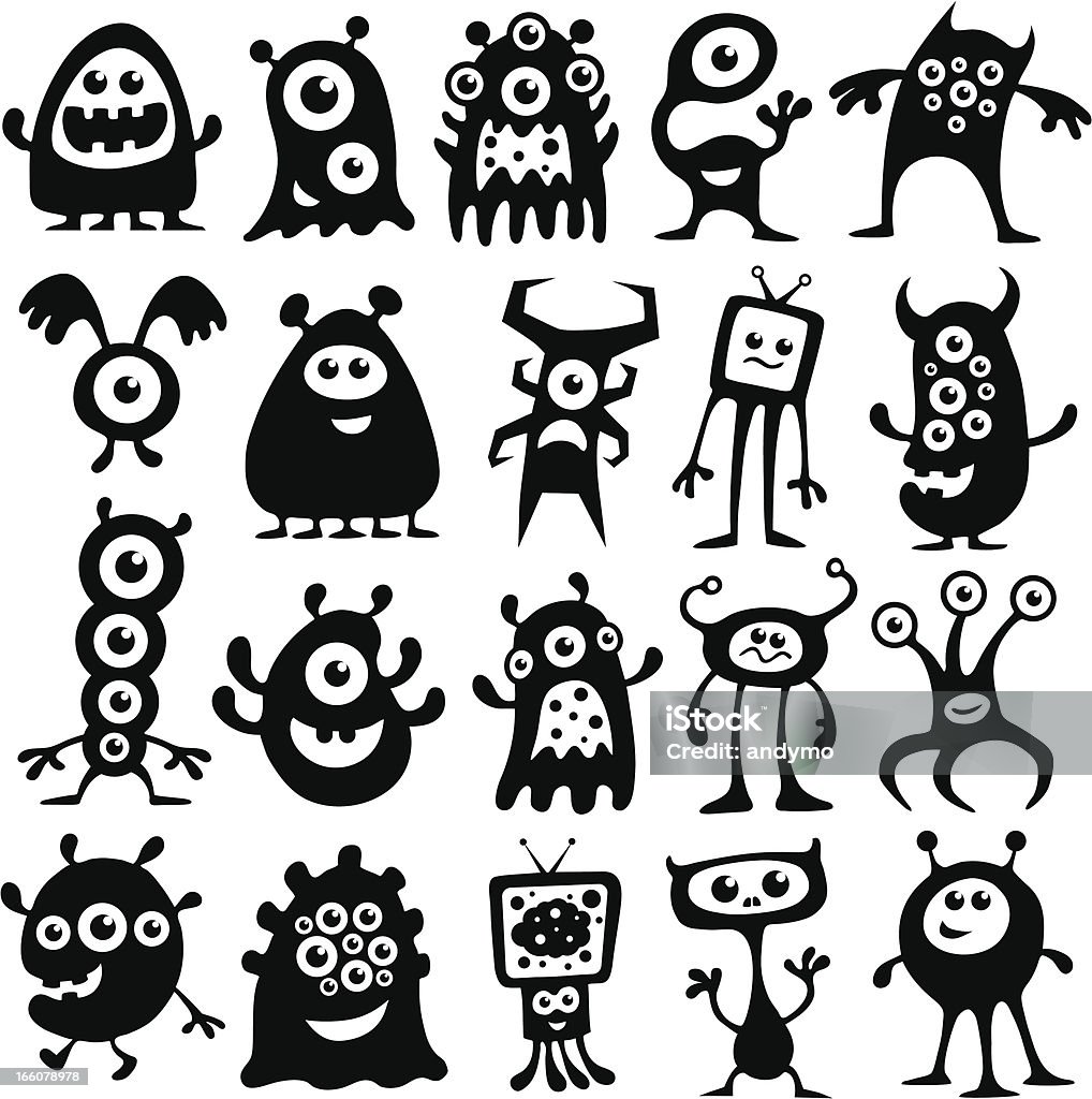 Monsters and Aliens A collection of black and white monsters and aliens Monster - Fictional Character stock vector