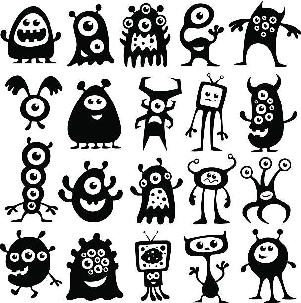 Monsters and Aliens A collection of black and white monsters and aliens ugly cartoon characters stock illustrations