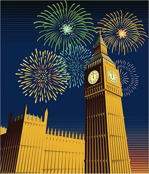 Vector illustration of Houses of Parliament and Big Ben with fireworks