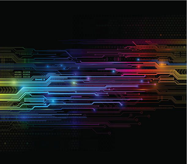 яркий цифровой ciricuit фоне - spectrum rainbow abstract black background stock illustrations