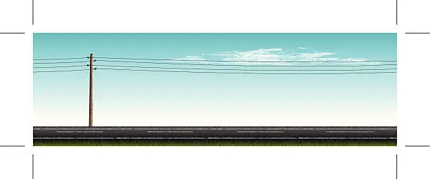 Vector illustration of road with vintage power pole and clouds