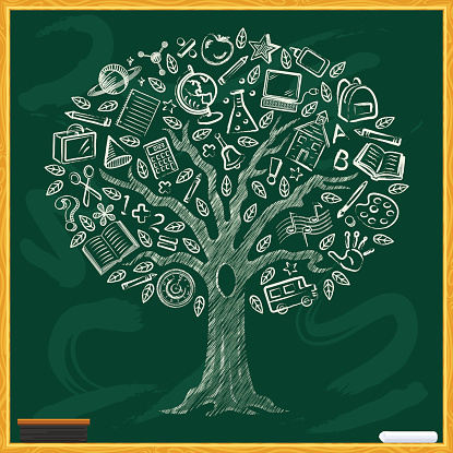 A tree of knowledge drawn on a chalkboard. School symbols include: books, school, computer, apple, lunch box, pack pack, clock, bus, science symbols, art symbols, math symbols.Layered File. Please note: It is prohibited to use this on: Online 