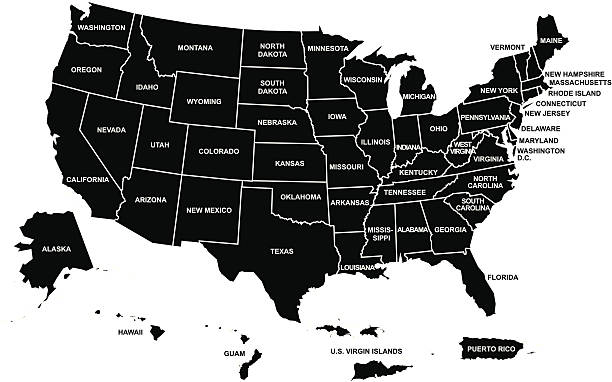 US map with its territories in black and white The USA map was traced and simplified in Adobe Illustrator on 2MAY2012 from a copyright-free resource below: puerto rico stock illustrations