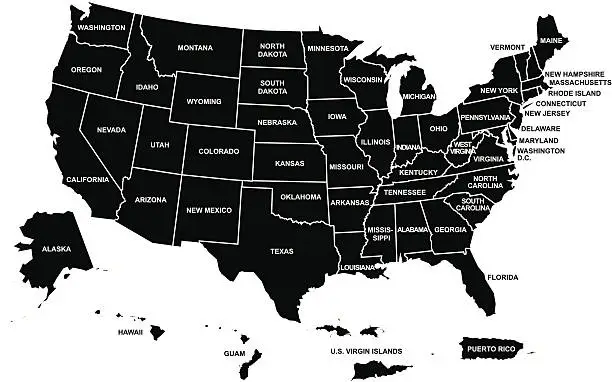 Vector illustration of US map with its territories in black and white