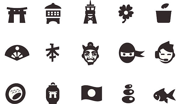 ilustraciones, imágenes clip art, dibujos animados e iconos de stock de conjunto de iconos de japón - religion symbol buddhism fish