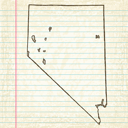 Vector illustration. Hand-drawn map of US state Nevada in sketchy style, atop an aged, textured lined paper background.