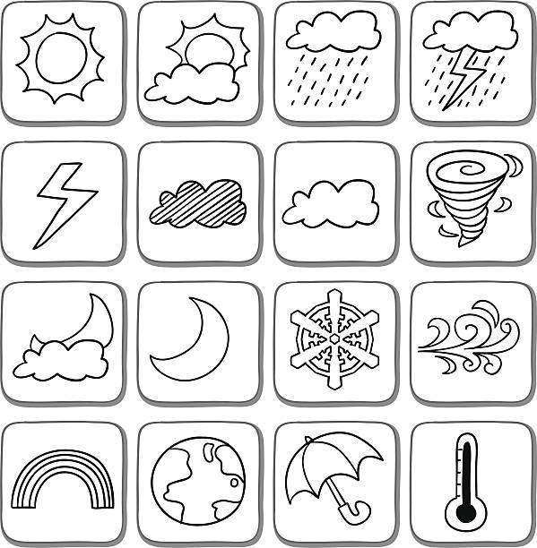 ilustraciones, imágenes clip art, dibujos animados e iconos de stock de doodle conjunto de iconos del tiempo en blanco y negro - cloud drawing heat cold
