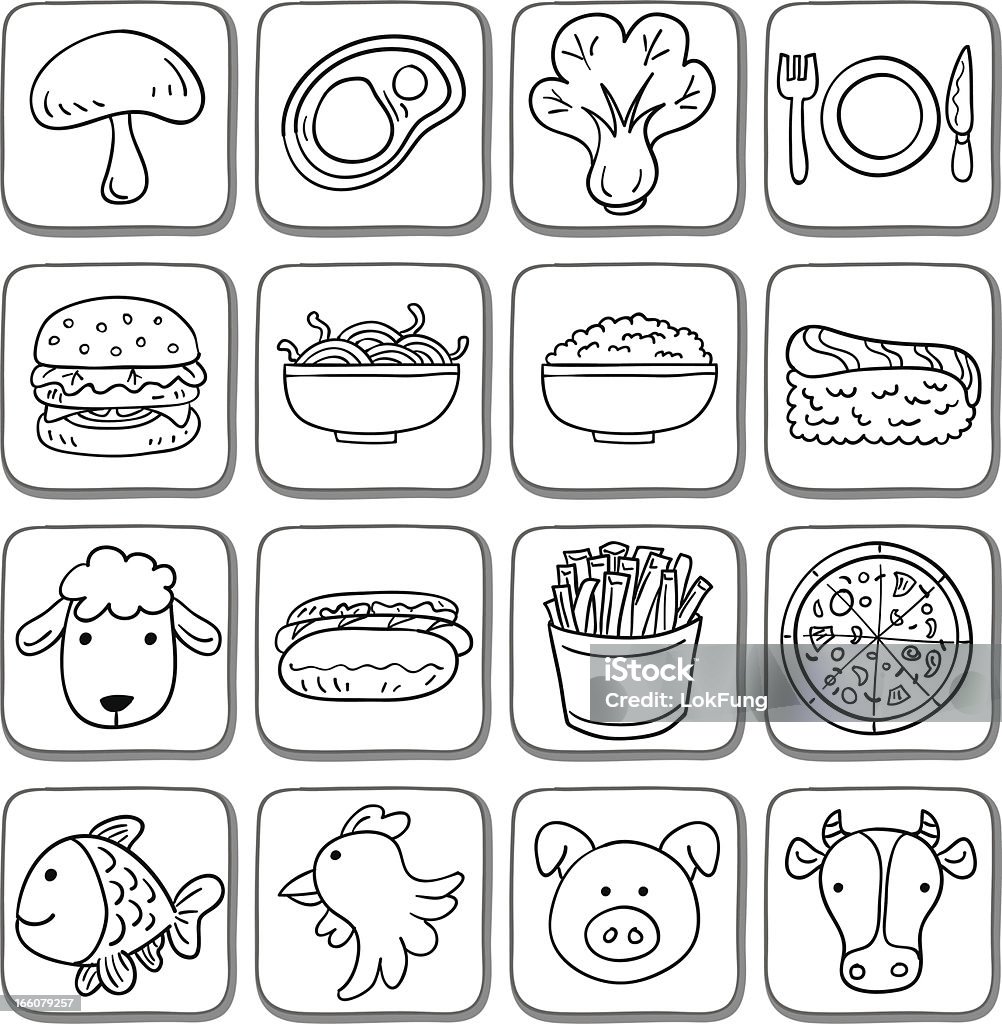 Doodle food icon set in black and white Rice - Food Staple stock vector