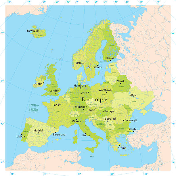 Europe Vector Map "Ultra detailed vector map of Europe. Including main rivers and lakes. Each country is grouped separately. You can zoom in well in the vector file. There's more detail visible than you can see in the preview window, because there's a limit of 6000 pixels. You may open the .eps-file in Photoshop at even higher resolutions. Great for super-size usage like trade fair walls. File was created on July 12, 2012. The colors in the .eps-file are ready for print (CMYK). Included files: EPS (v8) and Hi-Res JPG (6000 x 6000 px)." green map of norway stock illustrations
