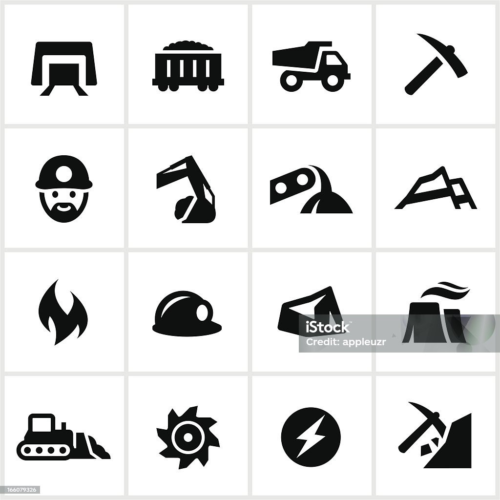Blanco y negro conjunto de iconos de minero de carbón - arte vectorial de Mina subterránea libre de derechos